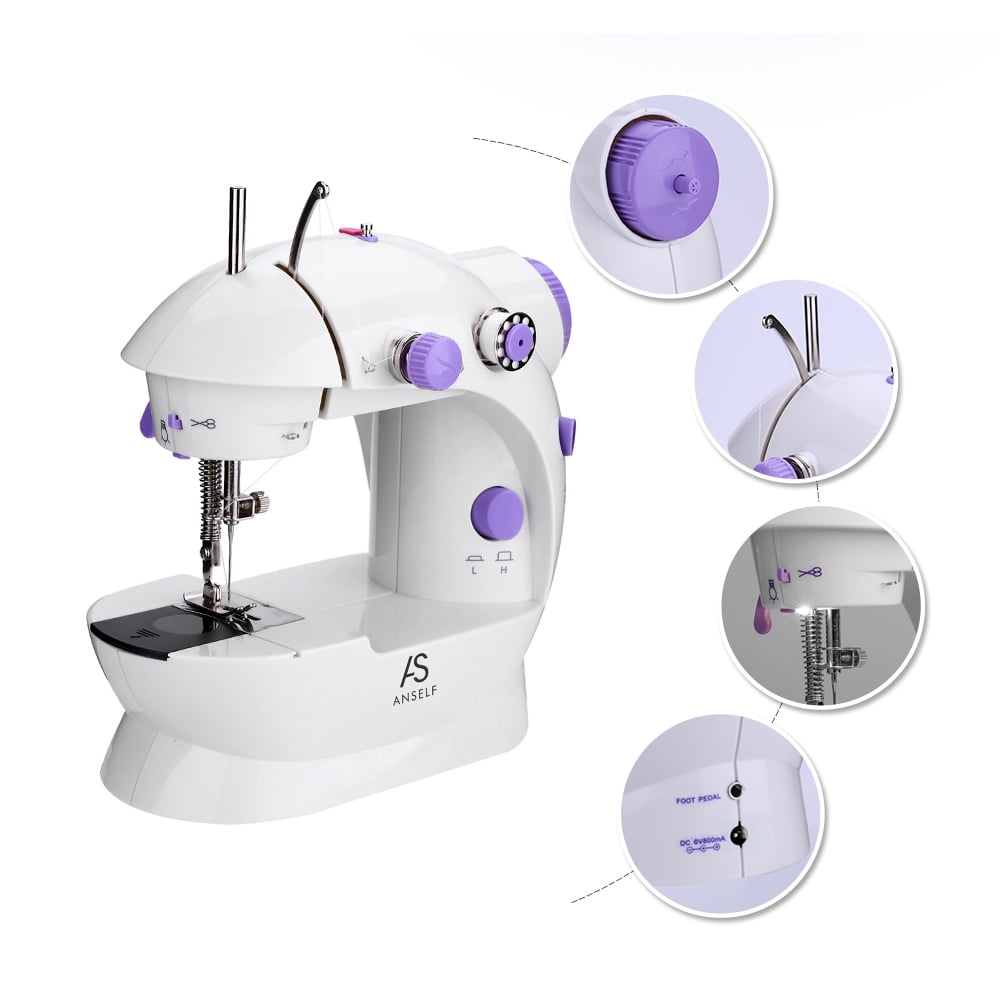 NEW Mini DIY Sewing Machine Purple 2 Speed Mode with Foot Pedal LED Lights M9Q0